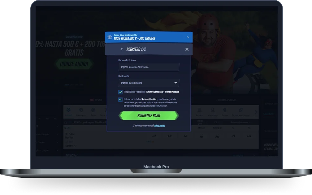 VegasHero Casino formulario de registro con bono de bienvenida del 100% hasta 500 euros